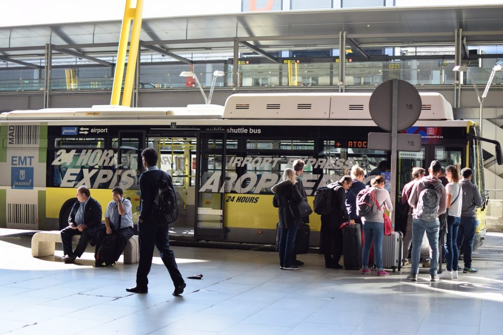 Madrid airport Express bus waiting on the platform