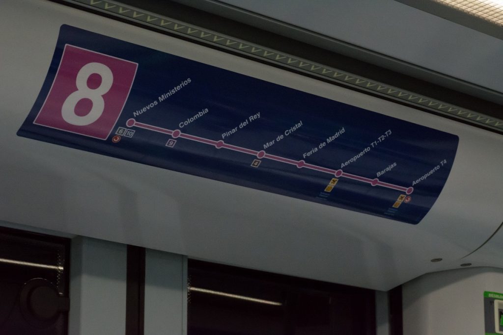 Metro line stops displayed inside the train