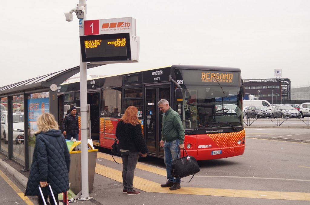 Milan Bergamo Airport to Milan city center ATB bus line 1 waiting on the platform.