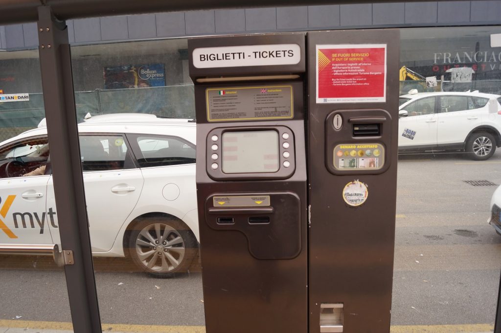 Bergamo Airport automated ATB bus ticket machine at the bus stop.