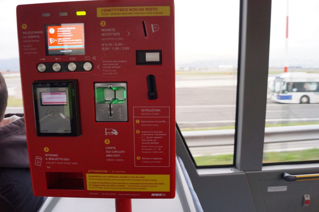 Automated ATB ticket machine on the bus from Milan Bergamo Airport to Milan city center.