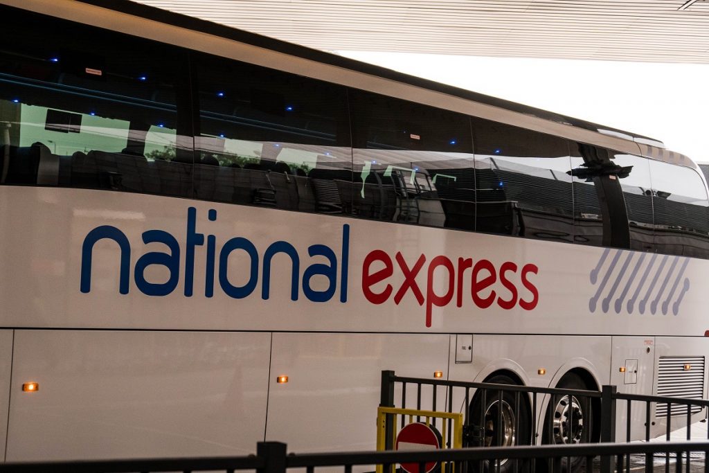 Heathrow airport National Express bus waiting on the platform