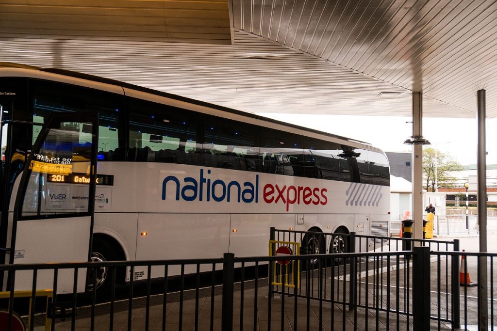 Heathrow airport National Express bus waiting on the platform
