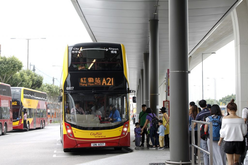 Hong Kong airport double-deck Cityflyer bus A21 waiting on the platform