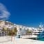 A sunny view of a port in Ibiza with a large ship docked and lots of houses and palm trees.