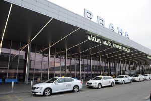 Prague airport white taxis lined up