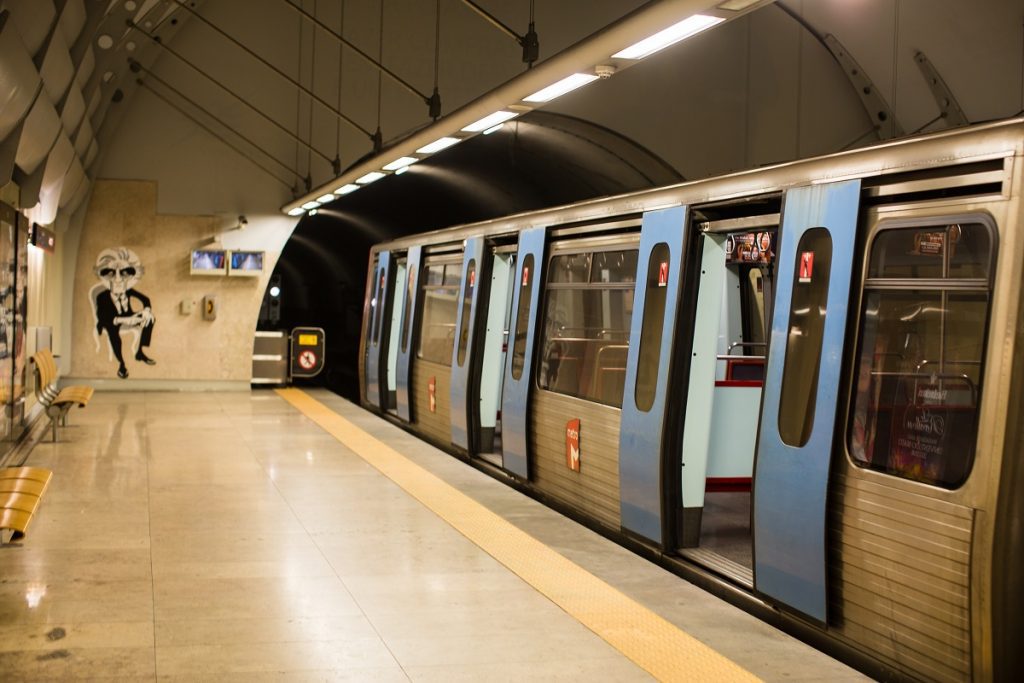 Lisbon airport metro train waiting on the platform. The journey by train from lisbon airport to sintra