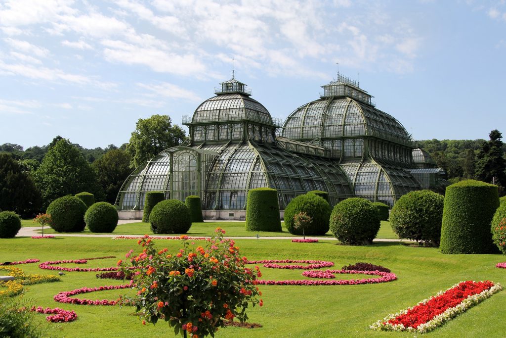 Vienna Schonbrunn Palace gardens with a domed greenhouse