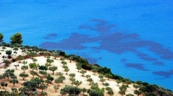 Aerial view of Laganas, Zakynthos - A white beach with greenery bordering a clear-blue sea.