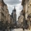 People walking in old town of Krakow under a cloudy sky.