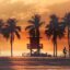 silhouettes of trees and a lifegurad tower during sunset at copacabana beach
