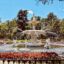 circular water fountain surrounded by flowers and green trees on a spring day