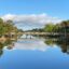 big white cloud, green trees and bridge reflecting onto body of water