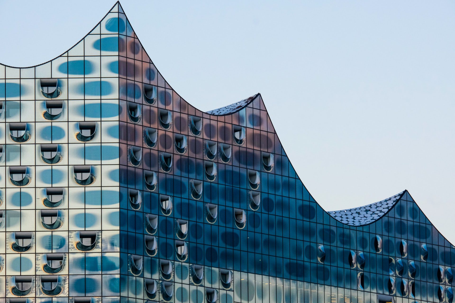 top of Elphi concert hall, a modern glassy construction with half moon shaped windows