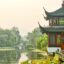 brown and grey traditional tea house by body of water surrounded by green trees and plants