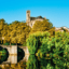 green trees and bushes and a concrete bridge over body of water under a clear blue sky