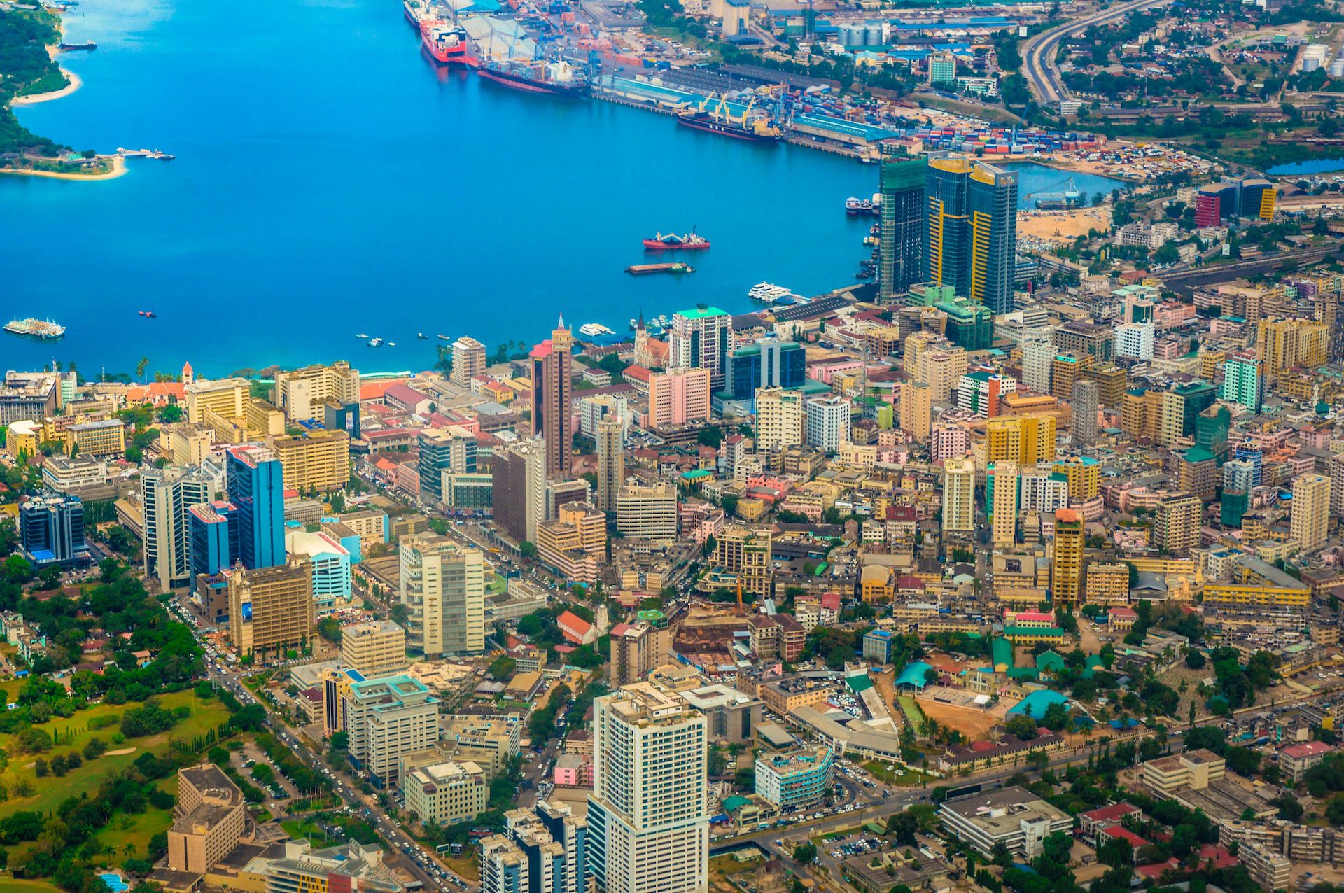Aerial view of Dar es Salaam city and the port.