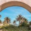 Palm trees and a blue sky beneath a large concrete arch.