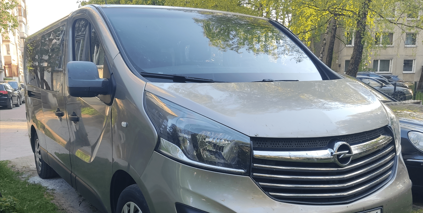A silver Vilnius Airport Taxi Minivan.