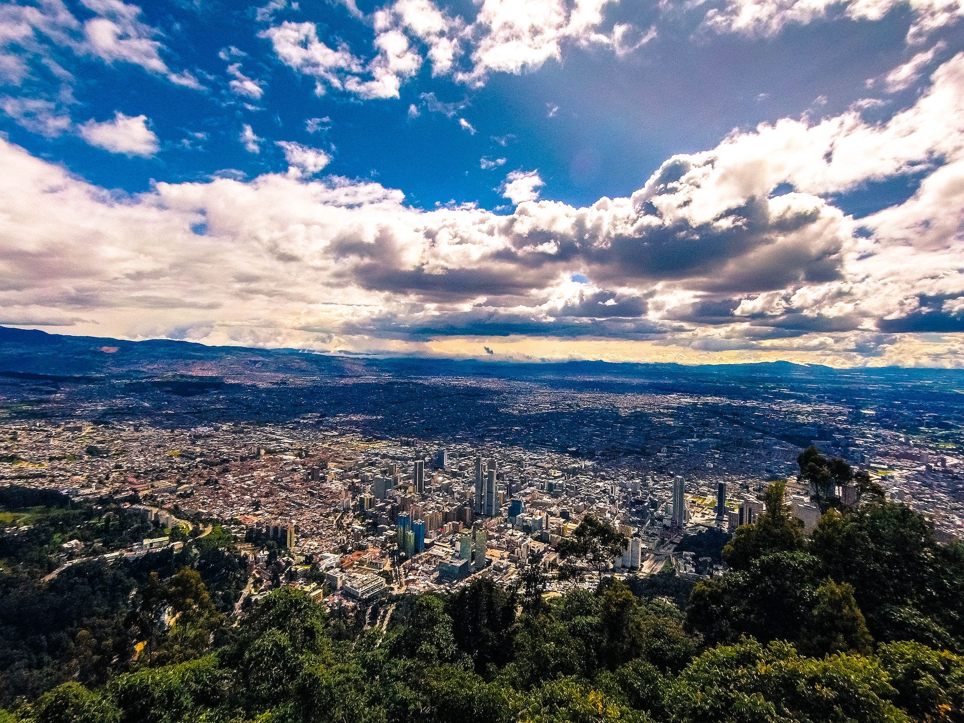 Panoramic views of Bogota, Colombia from the peak of Mount Monserrate.