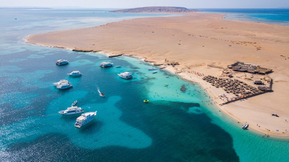 hurghada coastal waters and sandy beach as seen from above