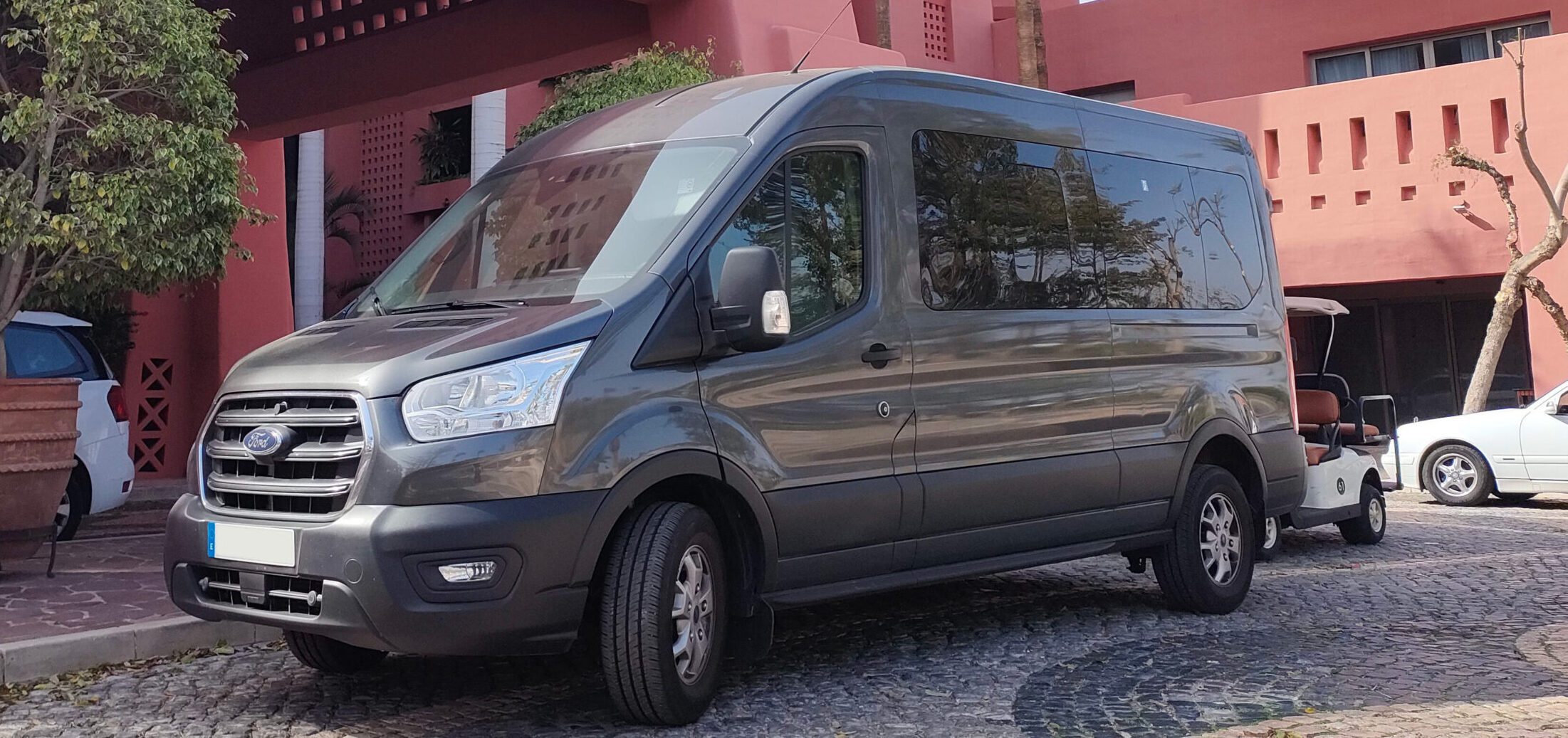 Tenerife Airport Taxi (Minivan) by Welcome Pickups Side view of a silver/grey Tenerife Airport Taxi (Minivan) parked in front of a terracotta-coloured building.
