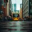 A yellow Metrolink Manchester tram on a wet street with buildings on either side.