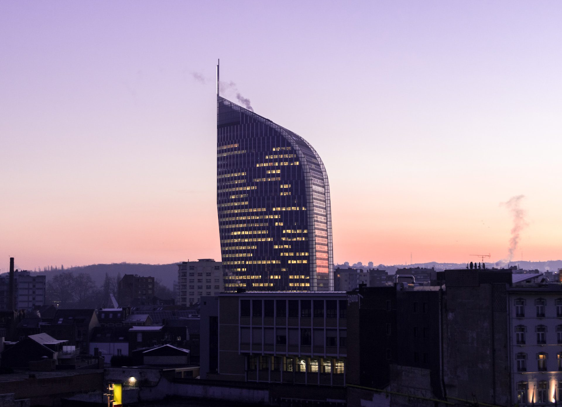 View of Guillemins's financial tower in Liege city centre at dusk.