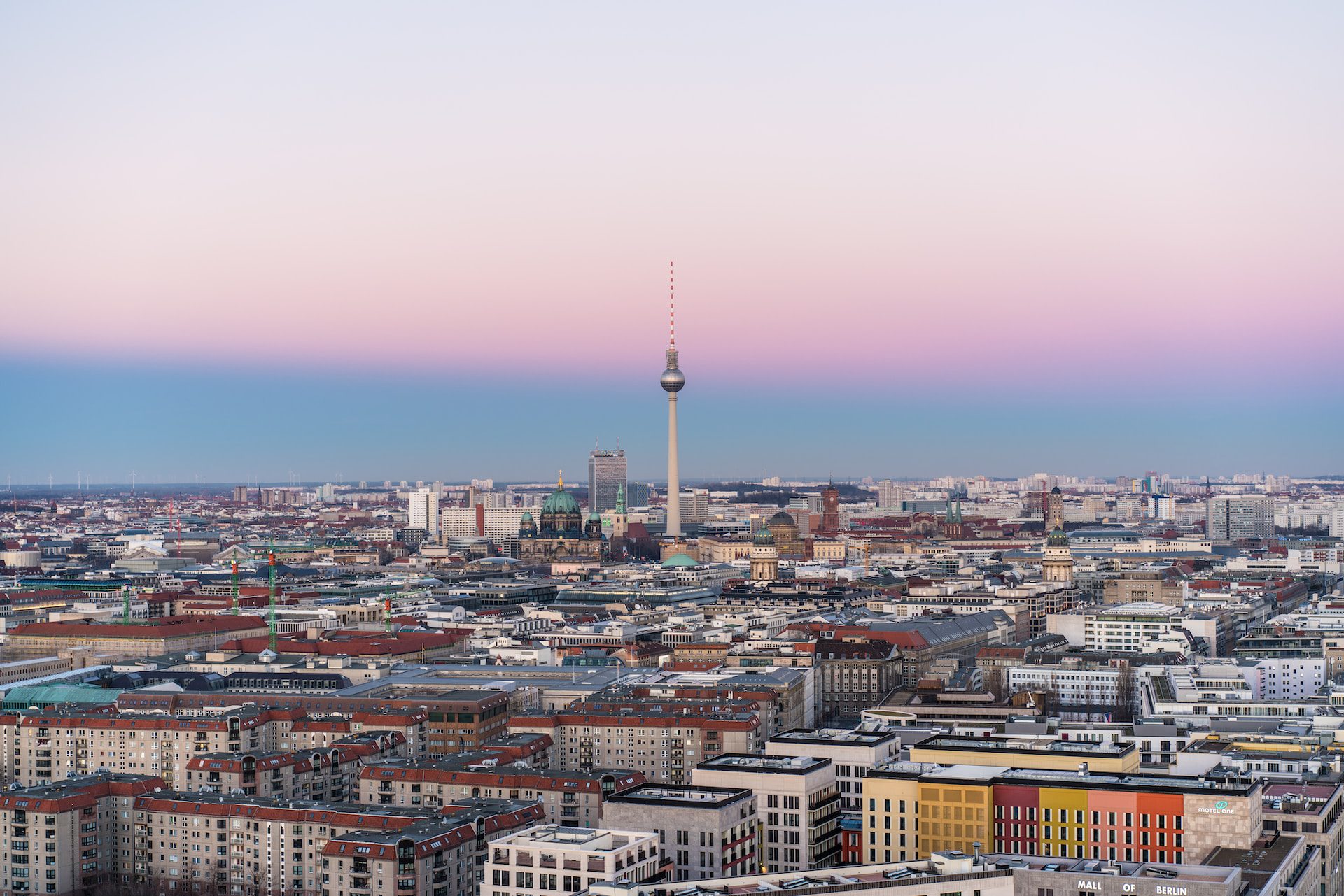 View of Berlin city with the sunset in the background.
