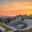 A view of the Ancient Theatre of Philippopolis in Plovdiv at sunset.