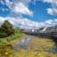 Canal alongside greenery and a house lined street under a cloudy sky.