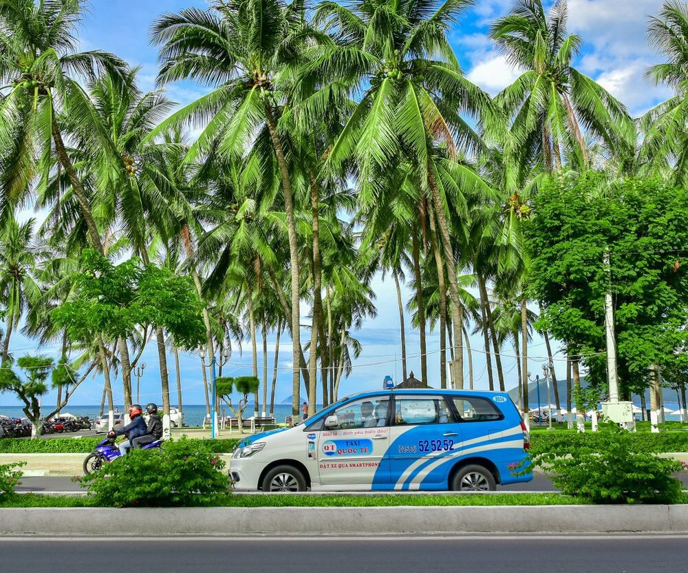 Nha Trang Taxi Palm trees and ocean line a street with a white and blue taxi van.