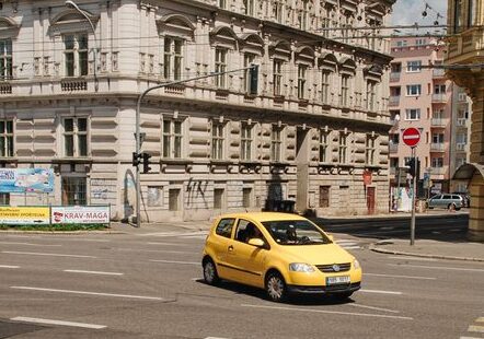 Brno taxi, Czech Republic A yellow taxi on the streets of Brno in Czech Republic.