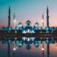 The Grand Mosque in Abu Dhabi at night, with a large body of water in front.