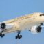 A white plane with gold "Etihad" lettering on the side, surrounded by blue skies.