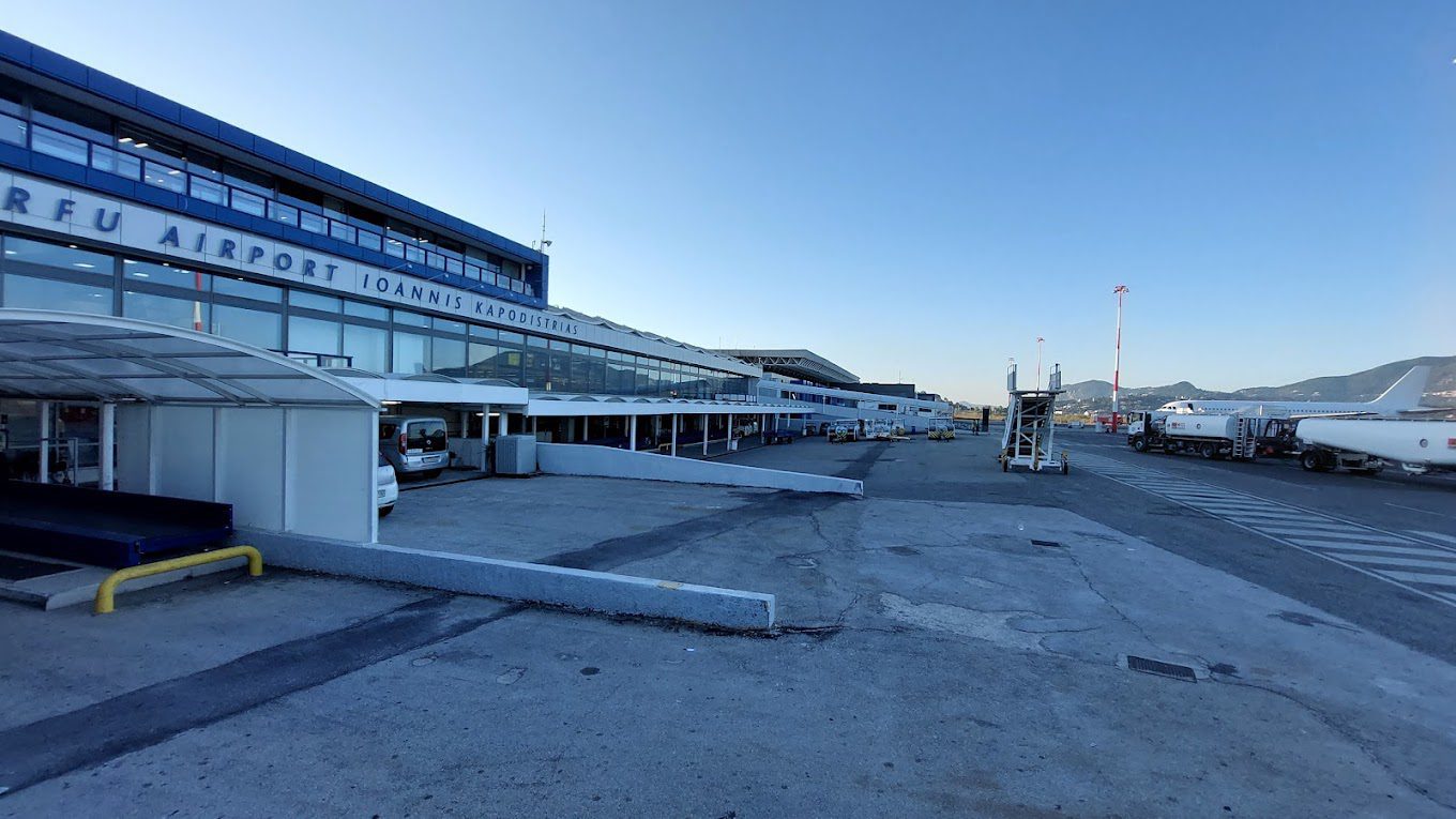 A picture of the main entrance at Corfu Airport, taken from the forecourt.
