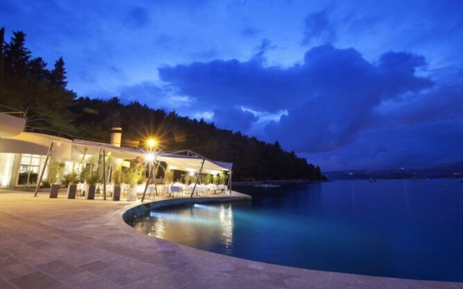 A night view from the seafront terrace of the Hotel Croatia near Dubrovnik Airport