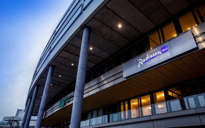 An exterior view of the Radisson Blu Hotel at Stockholm Airport