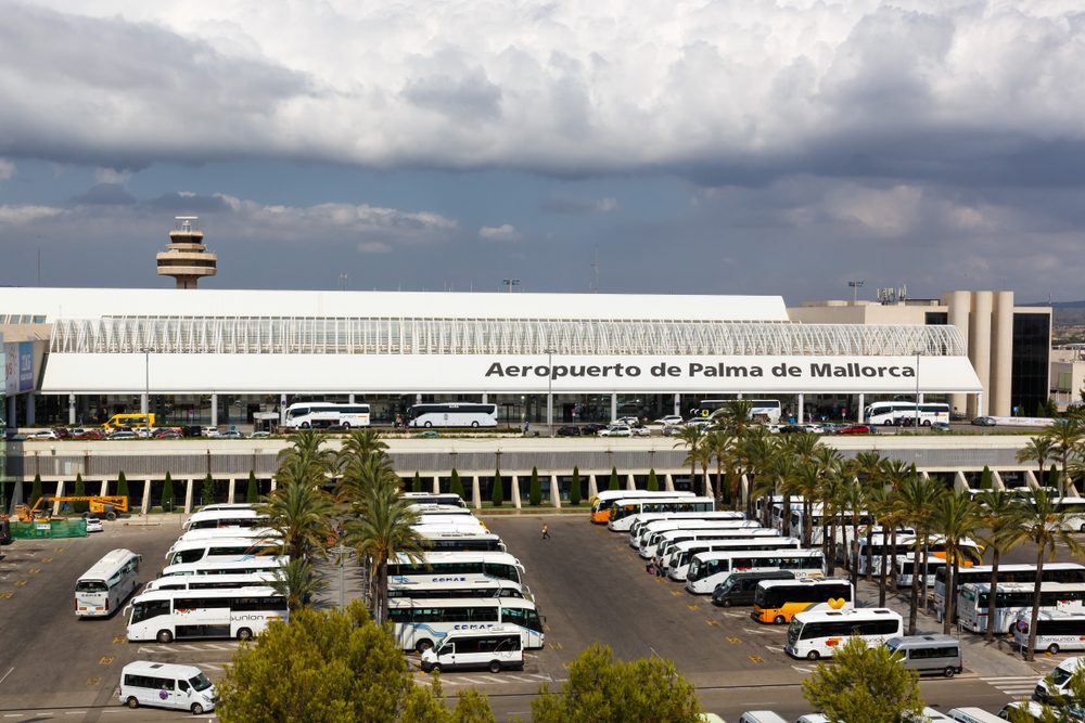Panoramic view of Palma de Mallorca Airport showing the main terminal building with 