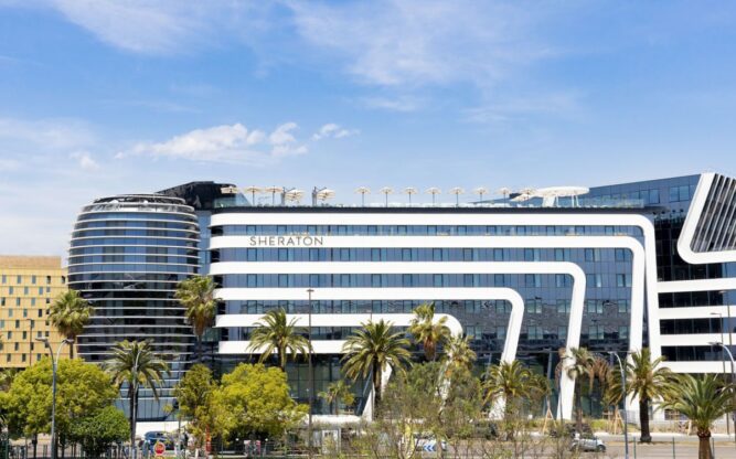 An outside view of the Sheraton Hotel at Nice Airport, France