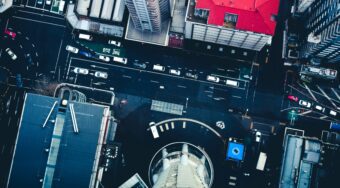 Aerial shot of the street from the Sky Tower in Auckland New Zealand