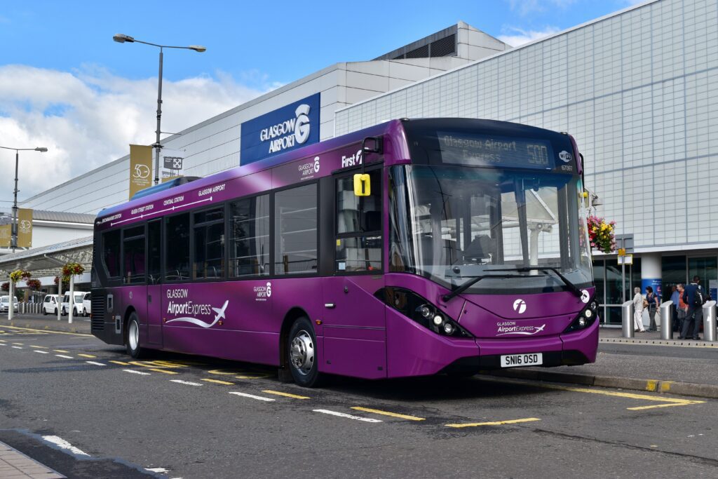 The purple Glasgow Airport Express Bus outside Glasgow Airport