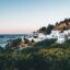 A town in Rhodes filled with white houses, perched on a hill next to the sea, with greenery in the foreground.