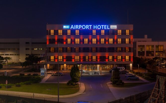 A view of the Sabiha Gokcen Airport Hotel lit up at night