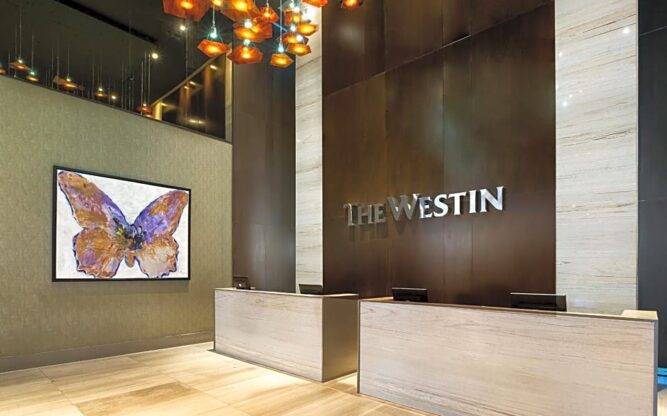 A stylist lobby for the Westin Panama with butterfly decorations