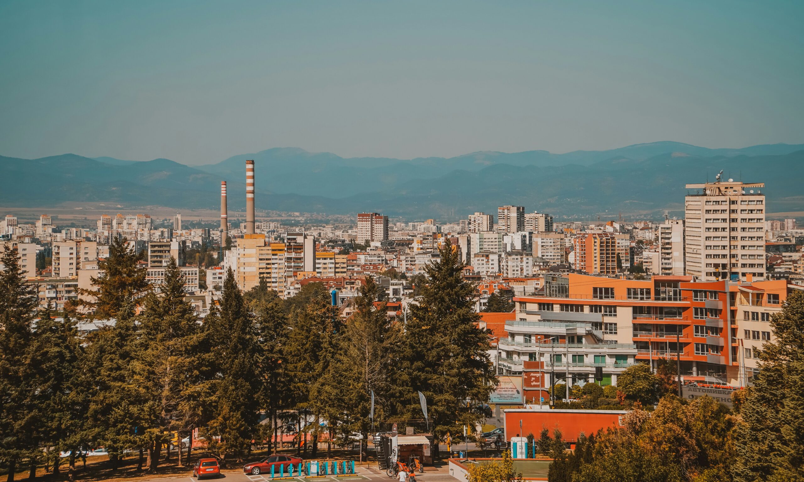 aerial view over Sofia and the museum of bulgarian history
