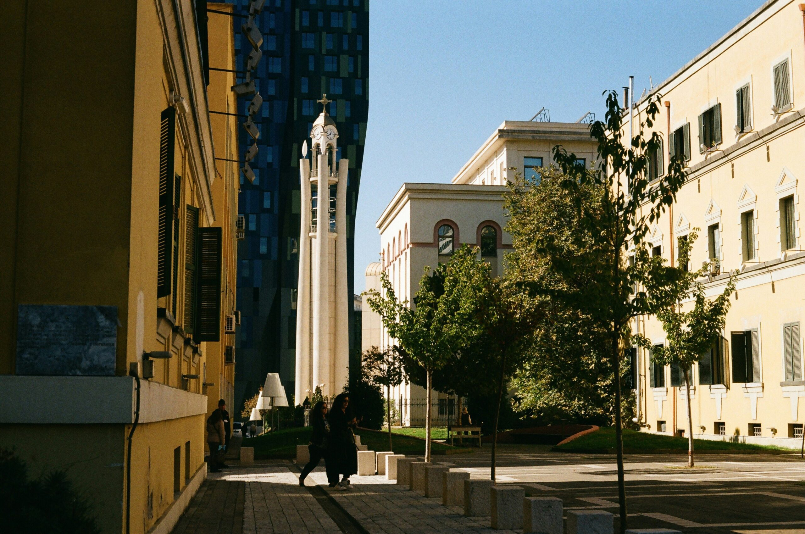 courtyard and walkway between buidings and trees