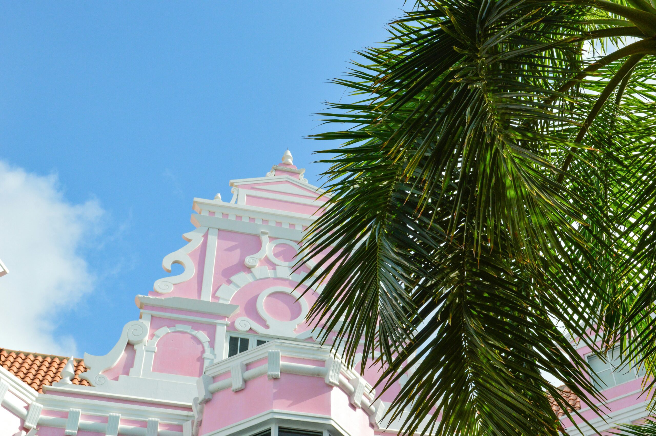 A pink and white ornate building against a blue sky with a palm tree in front.