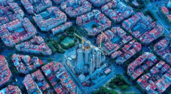 Birds eye view of Barcelona city center and the Sagrada Familia.