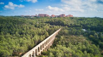 View of beautiful bridge cutting through lush trees and landscapes, with a city on the hill up ahead.